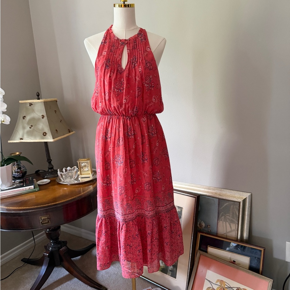 100% Silk Coral Floral Halter Midi Dress Tiered Boho Medium